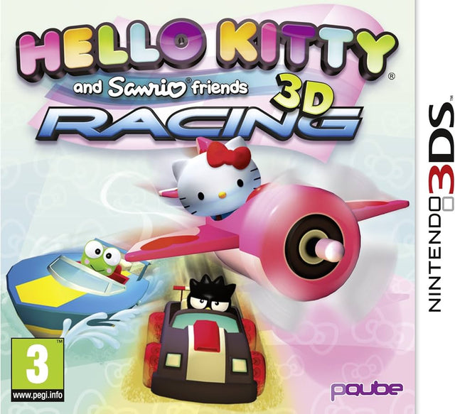 Nintendo 3DS Hello Kitty and Sanrio Friends 3D Racing, doos voorkant met Hello Kitty in een vliegtuigje, tweedehands