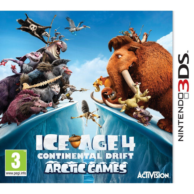 Nintendo 3DS Ice Age 4 Continental Drift Arctic Games, doos voorkant met Manny en de piraten op het ijs, tweedehands