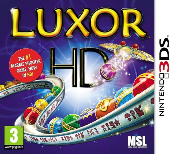 Nintendo 3DS Luxor, doos voorkant met Luxor HD-logo en knikkerbaan, tweedehands