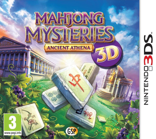 Nintendo 3DS Mahjong Mysteries Ancient Athena 3D, doos voorkant met Griekse tempel en mahjongstenen, tweedehands