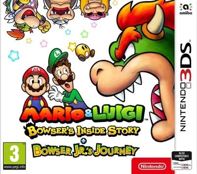 Nintendo 3DS Mario & Luigi Bowser's Inside Story + Bowser Jr's Journey, doos voorkant met Bowser, tweedehands