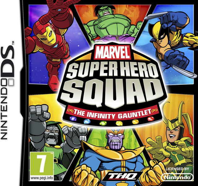 Nintendo DS Marvel Super Hero Squad The Infinity Gauntlet, doos voorkant van de DS-uitgave met Thanos