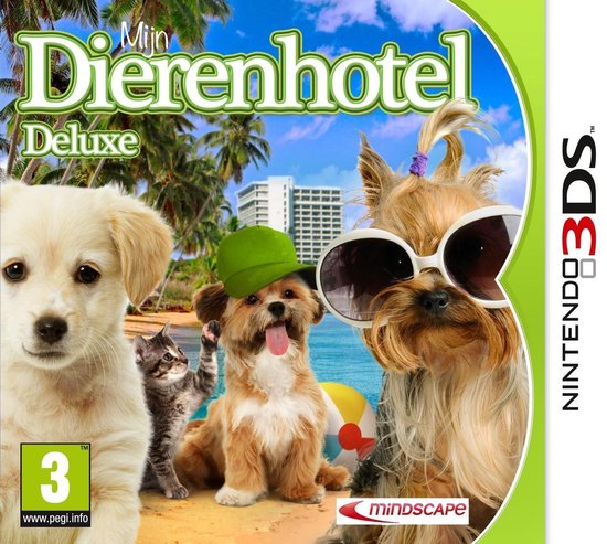 Nintendo 3DS Mijn Dierenhotel Deluxe, doos voorkant met honden met zonnebril en pet op het strand, tweedehands