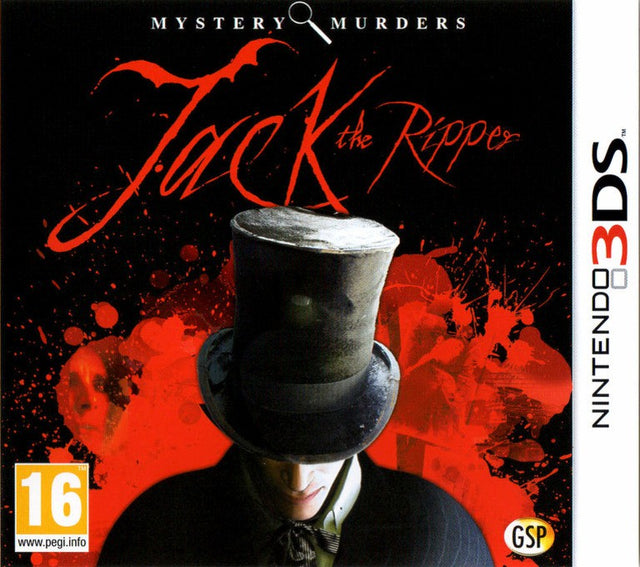 Nintendo 3DS Mystery Murders Jack the Ripper, doos voorkant met man met hoge hoed en rode bloedspatten, tweedehands