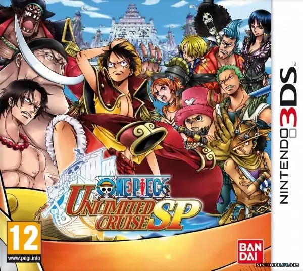 Nintendo 3DS One Piece Unlimited Cruise SP van Bandai, doos voorkant met Luffy en zijn bemanning, tweedehands