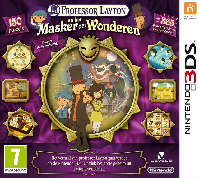 Nintendo 3DS Professor Layton en het Masker der Wonderen, doos voorkant, volledig Nederlandstalig, tweedehands