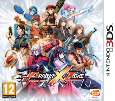 Nintendo 3DS Project X Zone van Bandai Namco, doos voorkant met een grote groep vechters, tweedehands