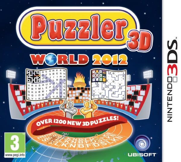 Nintendo 3DS Puzzler World 2012 3D van Ubisoft, doos voorkant met puzzels in een stadion, tweedehands