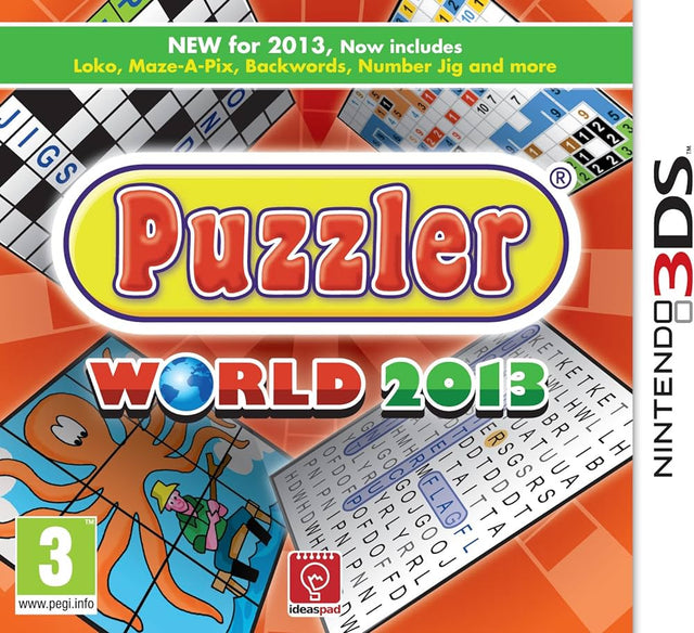 Nintendo 3DS Puzzler World 2013, doos voorkant met kruiswoord- en woordzoekpuzzels, tweedehands