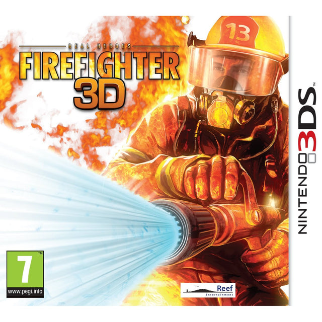 Nintendo 3DS Real Heroes Firefighter 3D, doos voorkant met brandweerman en waterstraal, tweedehands