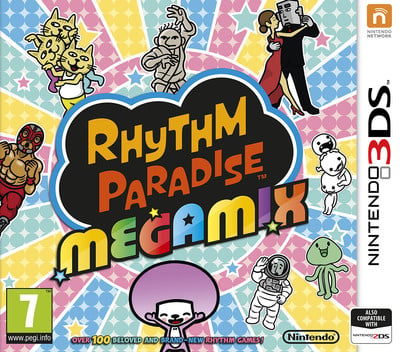 Nintendo 3DS Rhythm Paradise Megamix van Nintendo, doos voorkant met vrolijke figuurtjes rond het logo, tweedehands