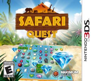 Nintendo 3DS Safari Quest, doos voorkant met edelstenen op een speelbord, Amerikaanse ESRB-uitgave, tweedehands
