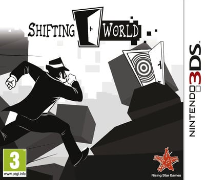 Nintendo 3DS Shifting World van Rising Star Games, zwart-witte doos voorkant met een rennende man en deuren, tweedehands