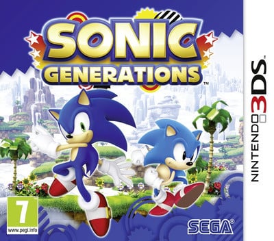 Nintendo 3DS Sonic Generations van Sega, doos voorkant met de klassieke en de moderne Sonic, tweedehands