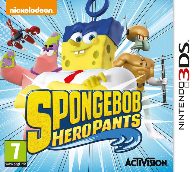 Nintendo 3DS SpongeBob HeroPants, doos voorkant met SpongeBob als superheld en Patrick, tweedehands