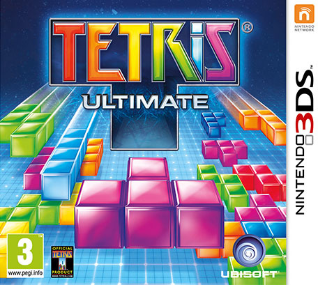 Nintendo 3DS Tetris Ultimate van Ubisoft, doos voorkant met gekleurde Tetris-blokken, tweedehands