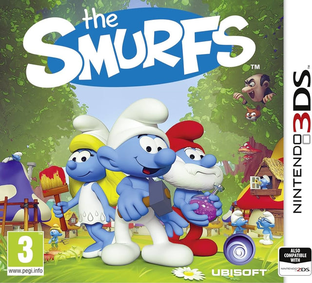 Nintendo 3DS The Smurfs van Ubisoft, doos voorkant met Smurfin en Grote Smurf, tweedehands