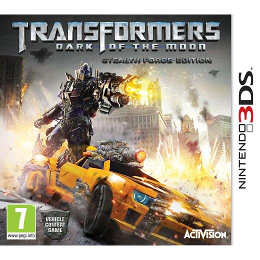 Nintendo 3DS Transformers Dark of the Moon Stealth Force Edition, doos voorkant met robot en gele sportwagen, tweedehands