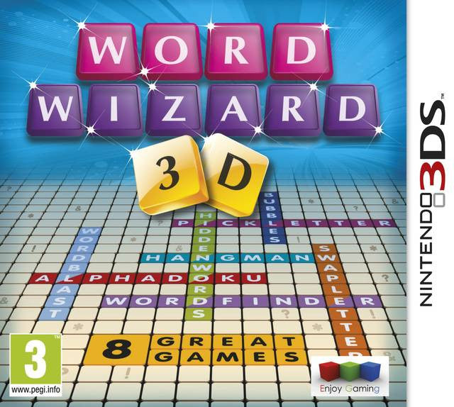 Nintendo 3DS Word Wizard 3D, doos voorkant met letterblokjes en een woordraster, tweedehands
