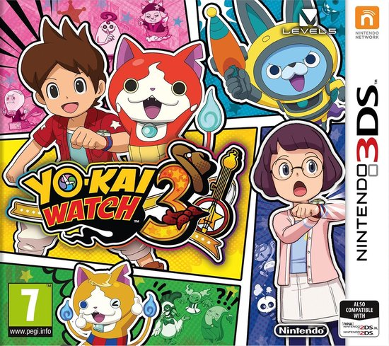 Nintendo 3DS Yo-Kai Watch 3 van Nintendo, doos voorkant met Jibanyan, twee kinderen en Yo-kai in stripvakken, tweedehands