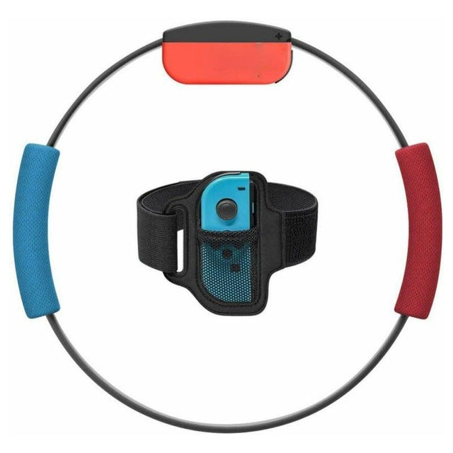 Ring-Con voor Nintendo Switch Ring Fit Adventure, zwart met blauwe en rode handgrepen, met beenband en Joy-Cons erin