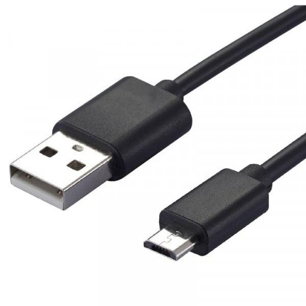 Micro-USB oplaadkabel USB-A naar micro-USB, zwart, close-up van beide stekkers, tweedehands