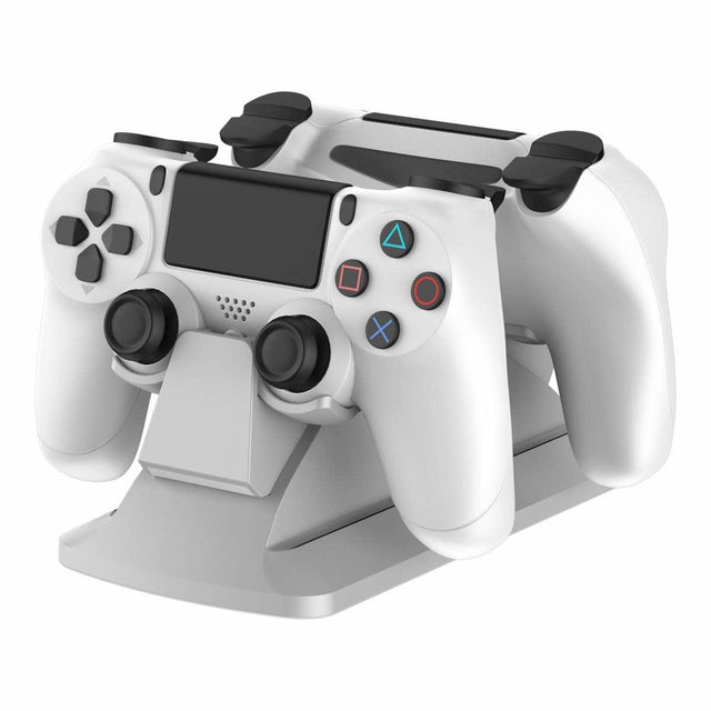 Oplaadstation voor twee PlayStation 4 controllers, wit, getoond met twee controllers ter illustratie, tweedehands