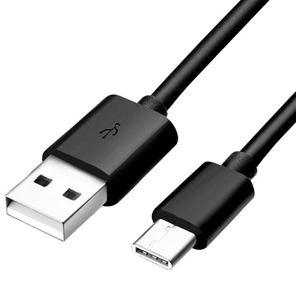 USB-C oplaadkabel USB-A naar USB-C, zwart, close-up van beide stekkers, tweedehands