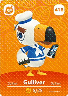 Nintendo amiibo-kaart Animal Crossing Gulliver nummer 418 serie 5, voorkant met meeuw in matrozenpak, tweedehands