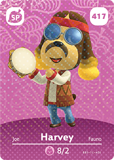 Nintendo amiibo-kaart Animal Crossing Harvey nummer 417 serie 5, voorkant met hond met hoofdband en tamboerijn, tweedehands