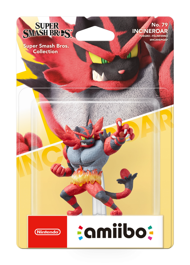 Nintendo amiibo Incineroar nr. 79 Super Smash Bros. series, rood-zwarte Incineroar met vlammenriem in blister, voorkant