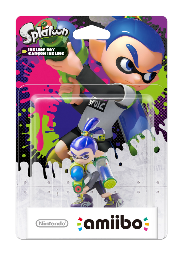 Nintendo amiibo Inkling Boy Splatoon series, blauwe Inkling met inktgeweer in blisterverpakking, voorkant