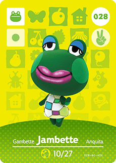 Nintendo amiibo-kaart Animal Crossing Jambette nummer 028 serie 1, voorkant met groene kikker met roze lippen, tweedehands