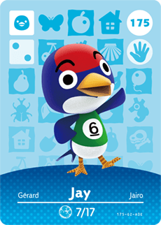 Nintendo amiibo-kaart Animal Crossing Jay nummer 175 serie 2, voorkant met blauwe vogel in shirt met 6, tweedehands