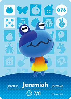 Nintendo amiibo-kaart Animal Crossing Jeremiah nummer 076 serie 1, voorkant met blauwe kikker in geel shirt, tweedehands