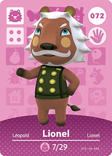Nintendo amiibo kaart Animal Crossing Series 1 nr 072 Lionel, roze kaart met leeuw Lionel in groen vest
