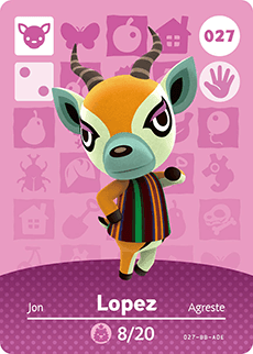 Nintendo amiibo kaart Lopez 027, Animal Crossing series 1, roze kaart voorkant, tweedehands
