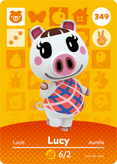 Nintendo amiibo kaart Animal Crossing Series 4 nr 349 Lucy, oranje kaart met wit varken Lucy in geruite jurk