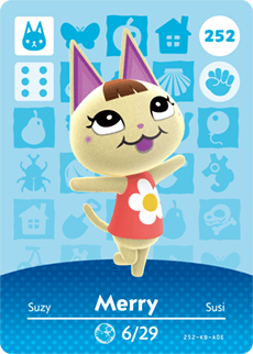 Nintendo amiibo-kaart Animal Crossing Merry nummer 252 serie 3, voorkant met kat in rood shirt met bloem, tweedehands