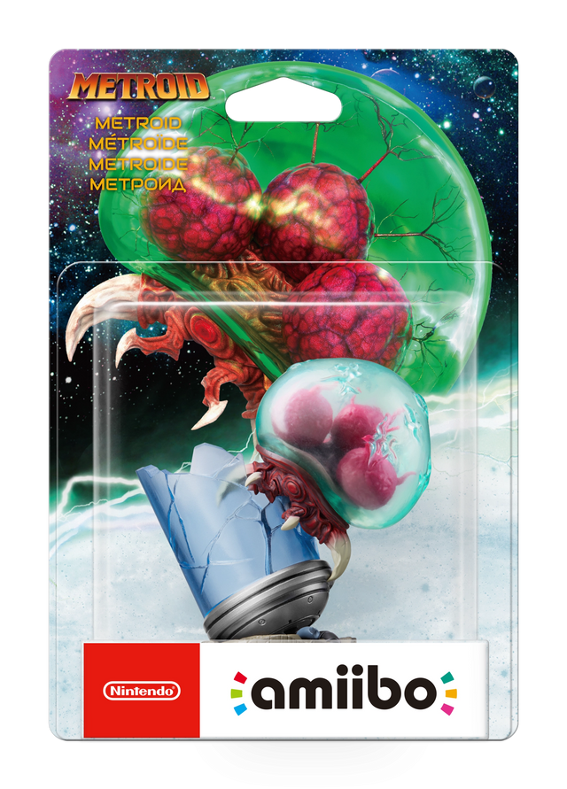Nintendo amiibo Metroid Metroid series, Metroid-wezen boven een gebroken capsule in blisterverpakking, voorkant