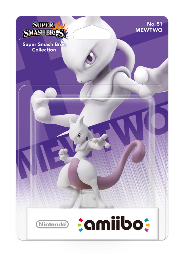 Nintendo amiibo Mewtwo nr. 51 Super Smash Bros. series, grijs-paarse Mewtwo in vechthouding in blister, voorkant