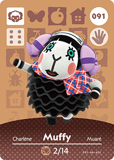 Nintendo amiibo-kaart Animal Crossing Muffy nummer 091 serie 1, voorkant met zwart schaap met geruite sjaal, tweedehands