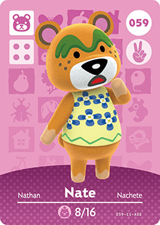 Nintendo amiibo-kaart Animal Crossing Nate nummer 059 serie 1, voorkant met bruine beer in bloemenhemd, tweedehands