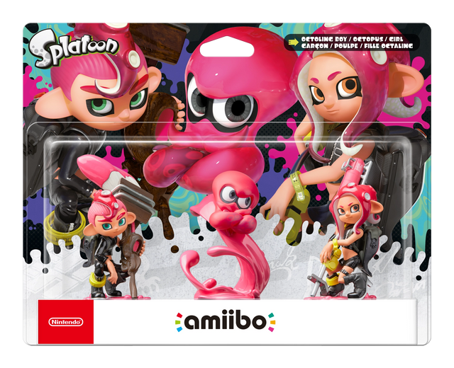 Nintendo amiibo Octoling Girl, Octoling Boy en Octopus 3-Pack Splatoon series, drie roze figuren in brede blister, voorkant