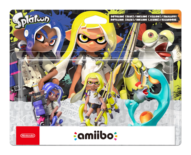 Nintendo amiibo Octoling, Inkling en Smallfry Splatoon, blauwe Octoling en gele Inkling in brede blister, voorkant