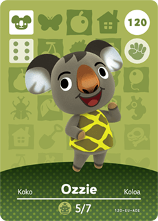 Nintendo amiibo-kaart Animal Crossing Ozzie nummer 120 serie 2, voorkant met grijze koala in giraffeshirt, tweedehands