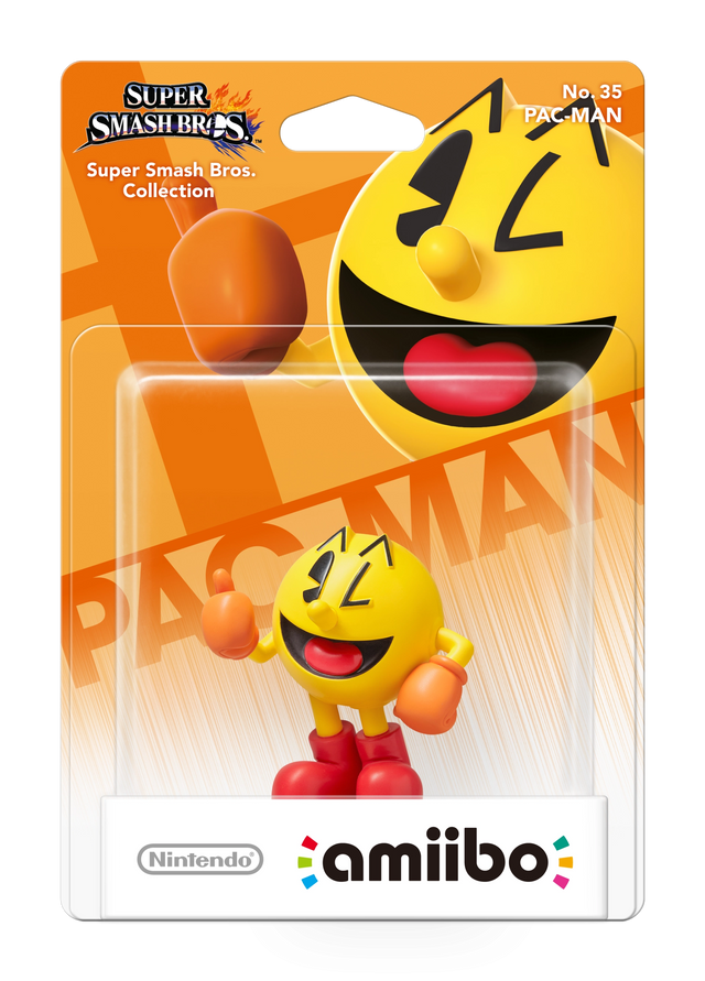 Nintendo amiibo Pac-Man nr. 35 Super Smash Bros. series, gele Pac-Man met rode schoenen in blister, voorkant