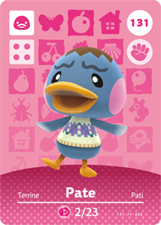 Nintendo amiibo-kaart Animal Crossing Pate nummer 131 serie 2, voorkant met blauwe eend in gebreid vest, tweedehands