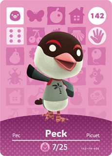 Nintendo amiibo kaart Animal Crossing Series 2 nr 142 Peck, roze kaart met vogel Peck in grijs shirt