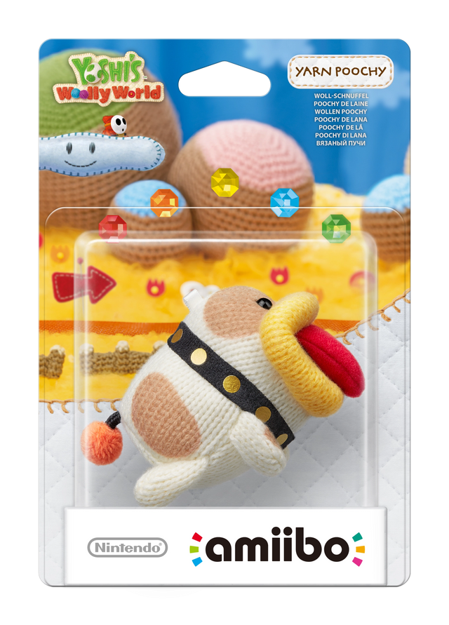 Nintendo amiibo Poochy Yoshi's Woolly World series, wollen hond Poochy met zwarte halsband in blister, voorkant